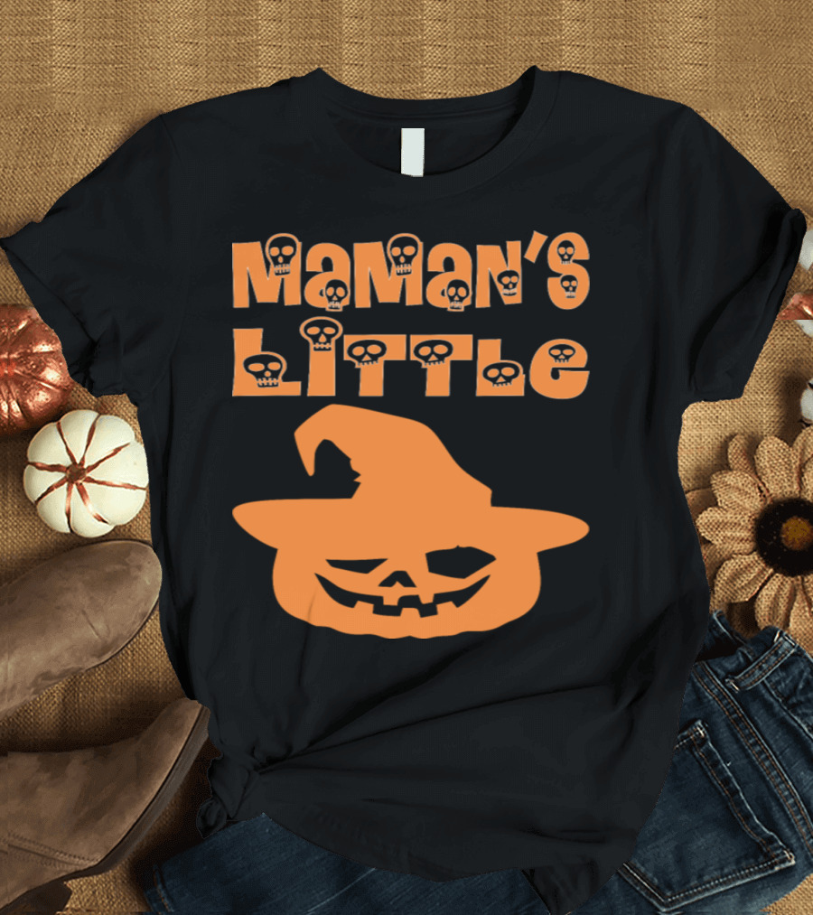 Maman's Little Pumpkin Halloween Skulls Jack-o'-Lantern Hat T-Shirt