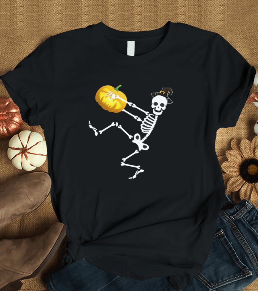 Dancing Skeleton with Pumpkin and Witch Hat T-Shirt
