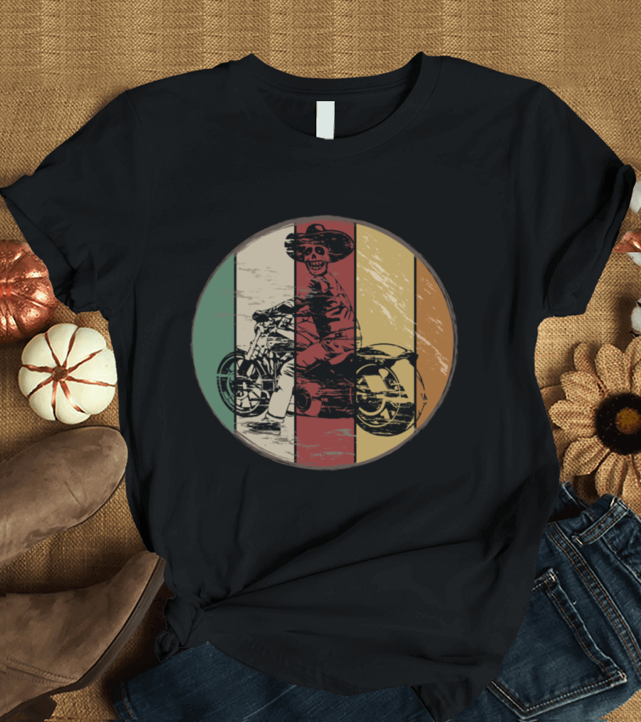 Retro Motorcycle Biker Skeleton Sombrero Vintage Bike T-Shirt