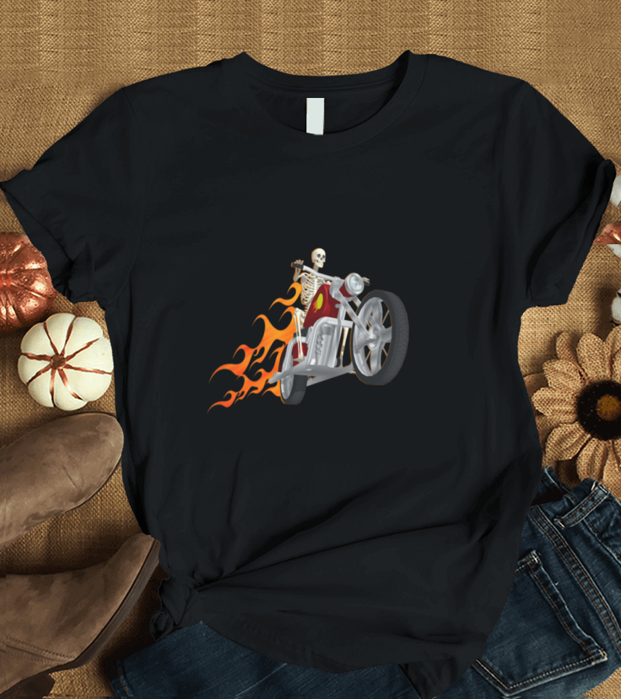 Skeleton Motorcycle Rider with Flaming Trail T-Shirt