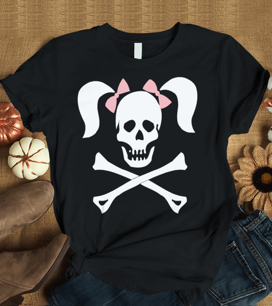 Skull Crossbones Pink Pigtails Bow T-Shirt