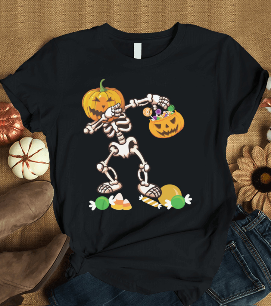 Halloween Pumpkin Skeleton Dabbing with Candy T-Shirt