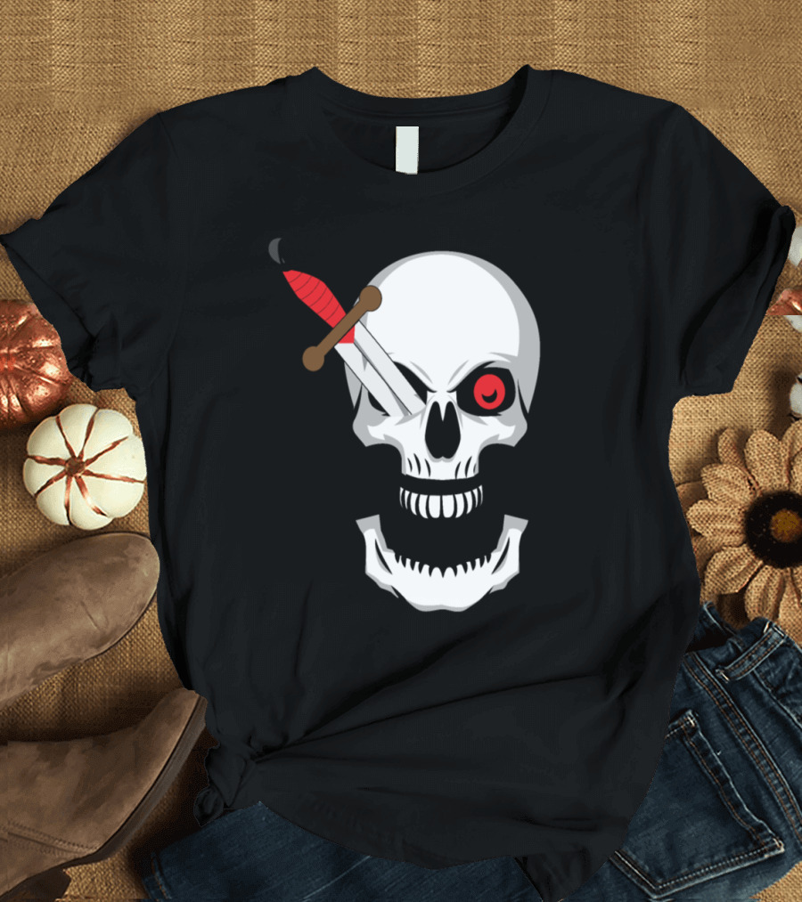Halloween Skull with Knife in One Eye and Scary Red Eye T-Shirt