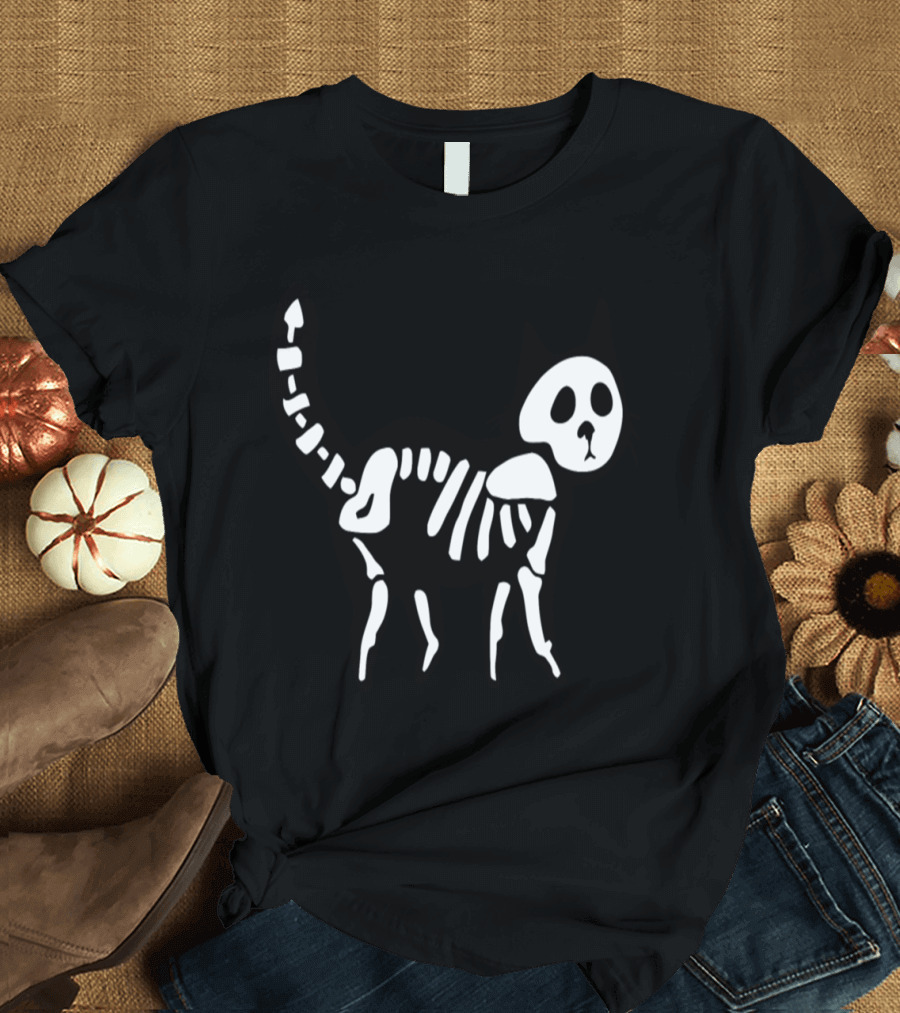 Skeleton Cat Black and White Halloween T-Shirt