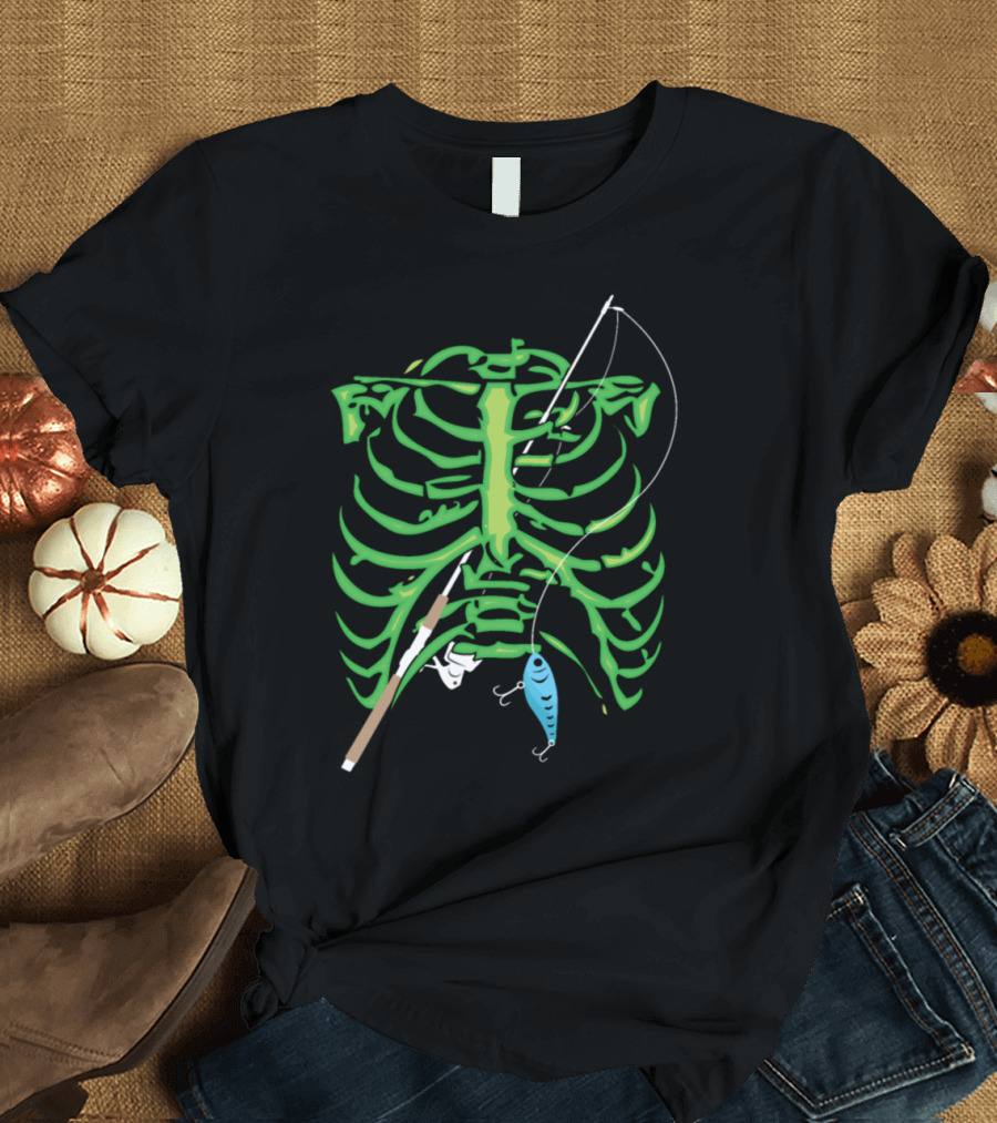 Skeleton Fisherman Rib Cage Fishing Rod and Lure T-Shirt