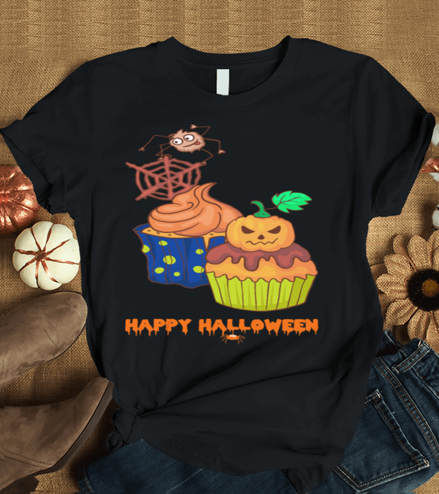 Happy Halloween Cupcake Muffins Spider Web Pumpkin T-Shirt