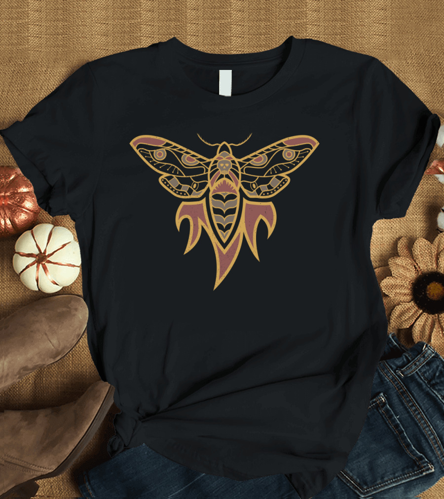 Intricate Flame Moth Design with Bold Geometric T-Shirt