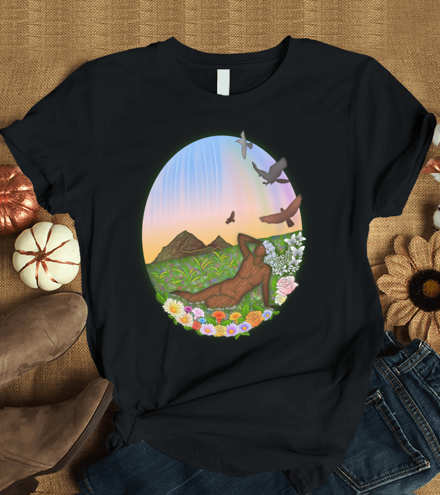 Mother Nature Relaxing Among Vibrant Flowers and Soaring Birds at Sunrise T-Shirt