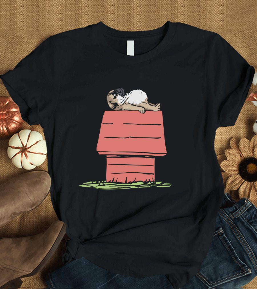 Pug on Doghouse Graphic with Classic Cartoon Reference T-Shirt