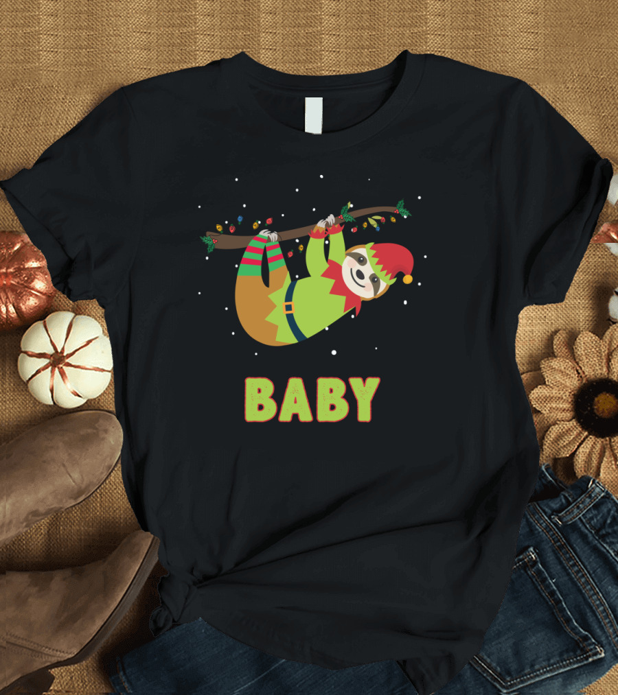 Sloth in Elf Costume Holding Lights with Baby Text T-Shirt