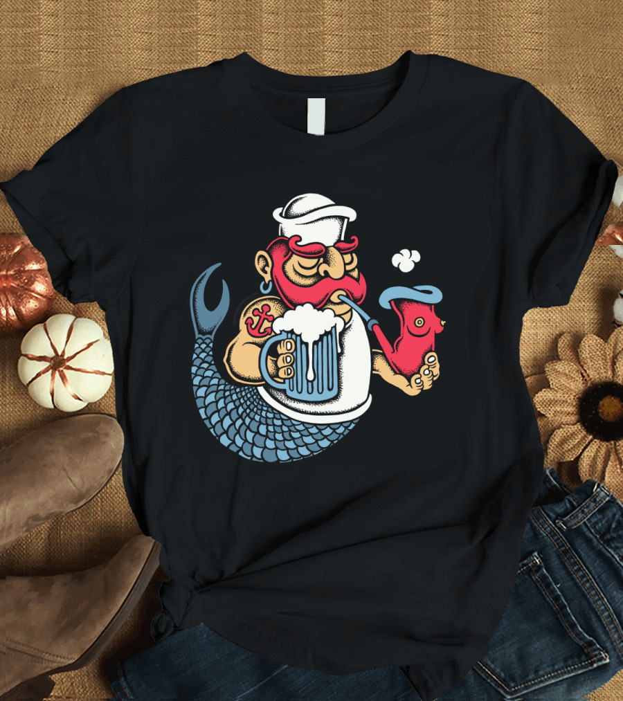 Sailor Mermaid Smoking Pipe Drinking Beer with Anchor Tattoo T-Shirt