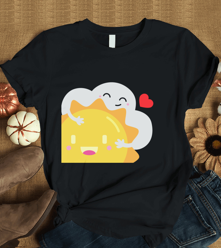 Partly Cloudy and Partly Sunny Love with Cute Cloud and Sun Hugging with Heart T-Shirt