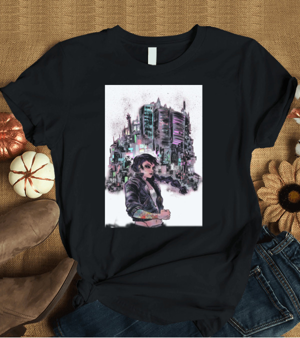 T-Shirt: Punk Grl Urban Warrior with Braided Hair and Tattoo in Neon Cityscape T-Shirt Punk Grl Urban Warrior with Braided Hair and Tattoo in Neon Cityscape T-Shirt