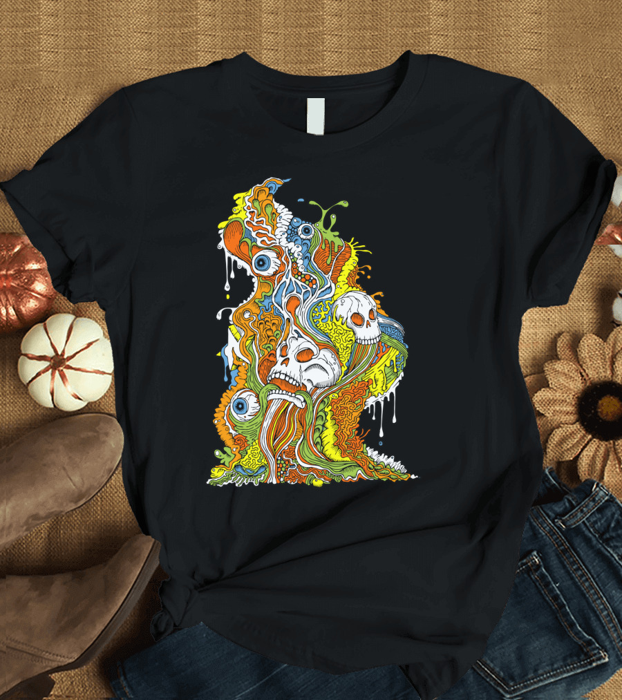 Punk Sludge Psychedelic Skull and Eye Overflow with Vibrant Dripping Colors T-Shirt