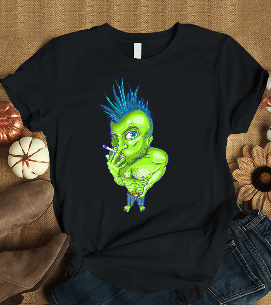 Green Punk Mohawk Cigarette Character T-Shirt