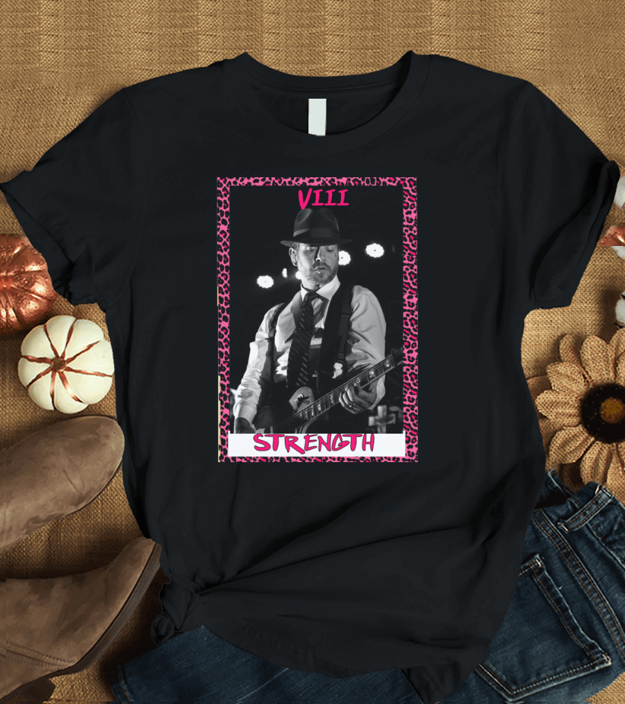 VIII Punk Tarot Strength Featuring Mike Ness Playing Guitar with Leopard Print Border T-Shirt