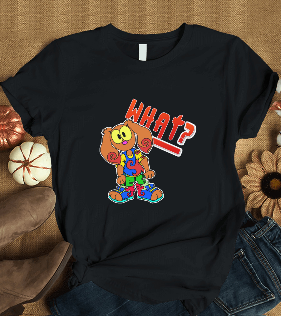 HUH rABBIT WHAT Colorful Cartoon Character with Swirly Ears T-Shirt