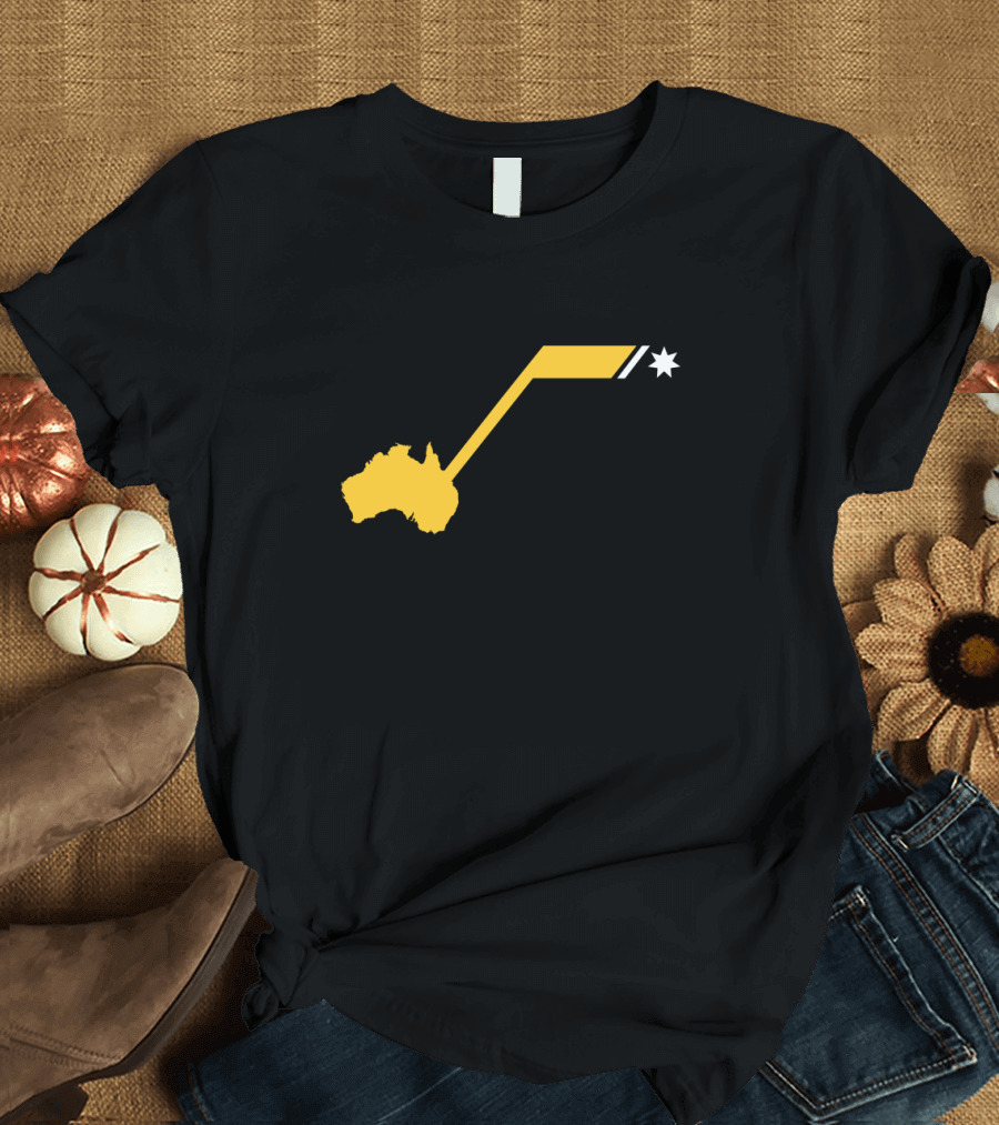 Australia Hockey Fan Map with Yellow Star and Stick Motif T-Shirt