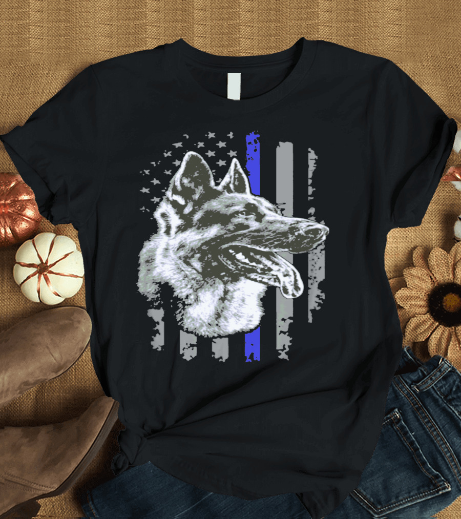 German Shepherd Portrait Over Thin Blue Line American Flag Police Dog Unit T-Shirt