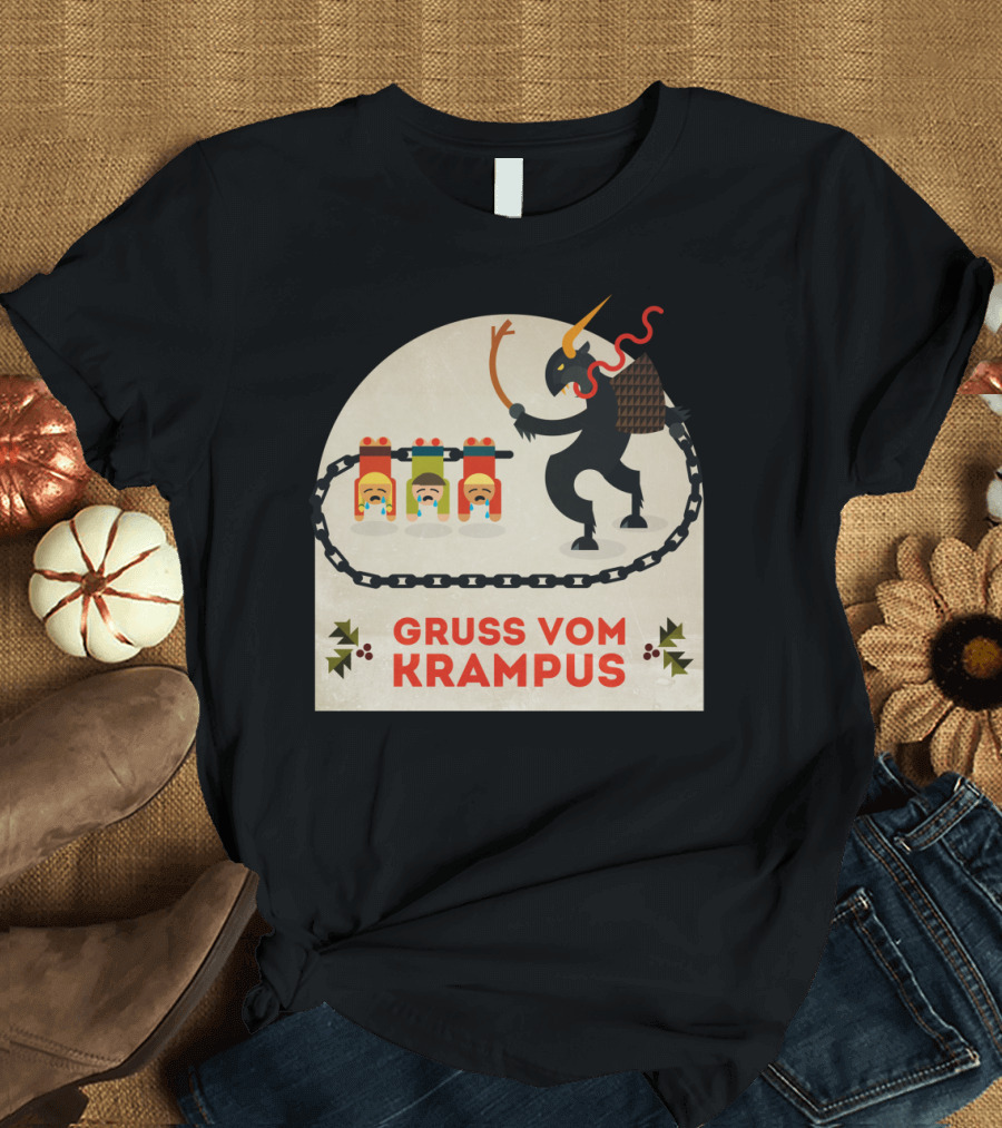 Gruss vom Krampus Festive Greetings with Chains and Horned Creature T-Shirt