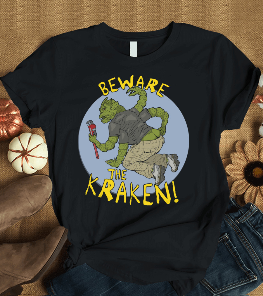 Beware the Kraken Creature Holding Wrench in Dynamic Action Pose T-Shirt