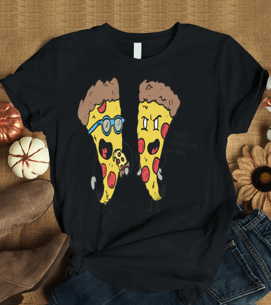 Angry Pizza Slice Confronts Nerdy Pizza with Glasses Eating Mini Pizza T-Shirt