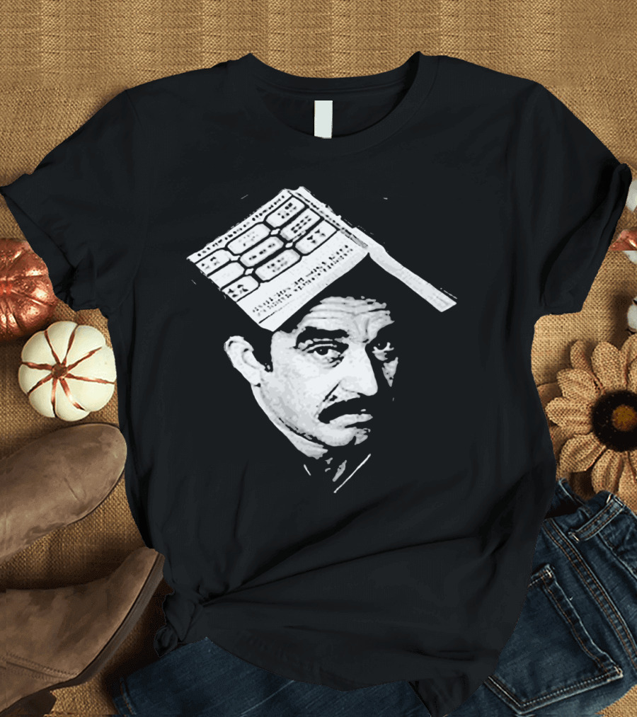 Gabriel Garcia Scrutinizes Written Thoughts Beneath Newspaper Hat T-Shirt