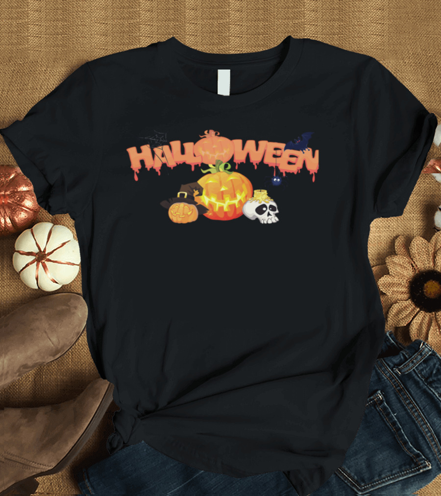 Halloween Pumpkin Skull Witch Hat Bat Spider Spiderweb T-Shirt