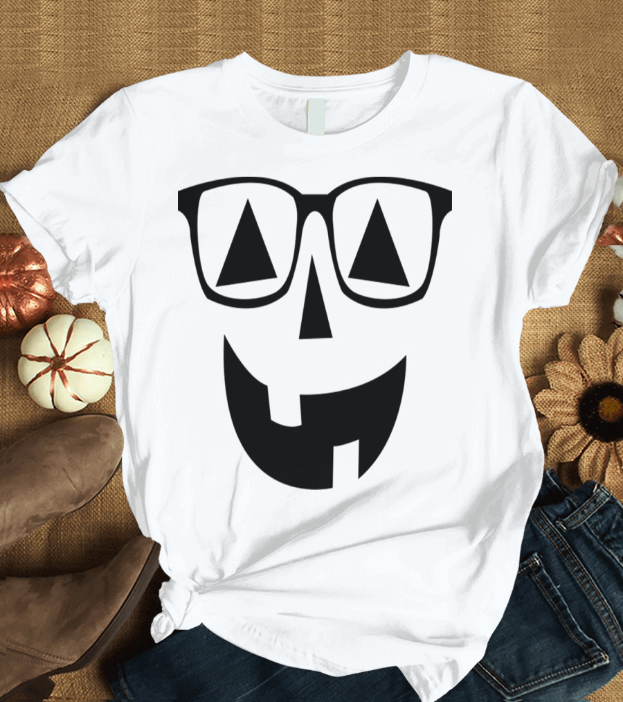 Pumpkin Face with Glasses in Black and Dark Grey T-Shirt