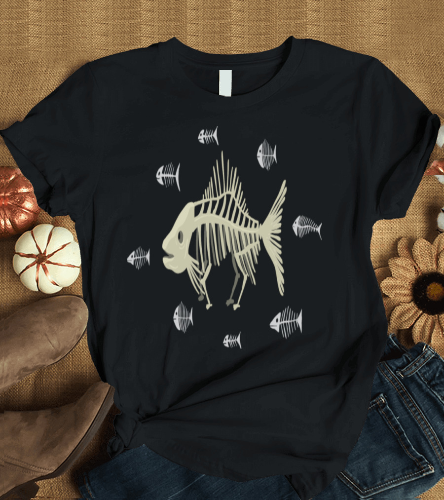 Darwin Fish Skeleton Surrounded by Smaller Fish Skeletons T-Shirt