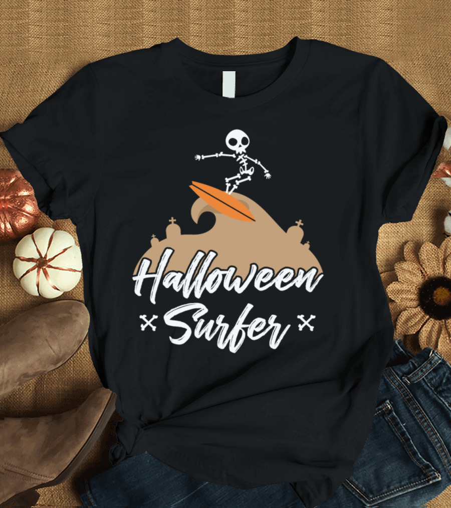 Halloween Surfer Skeleton Riding Orange Waves T-Shirt