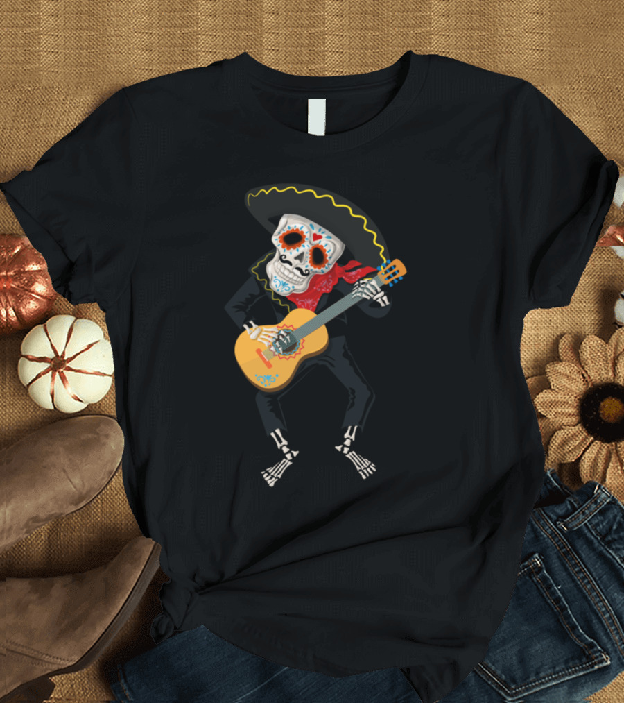 Sugar Skull Skeleton With Sombrero Playing Guitar T-Shirt
