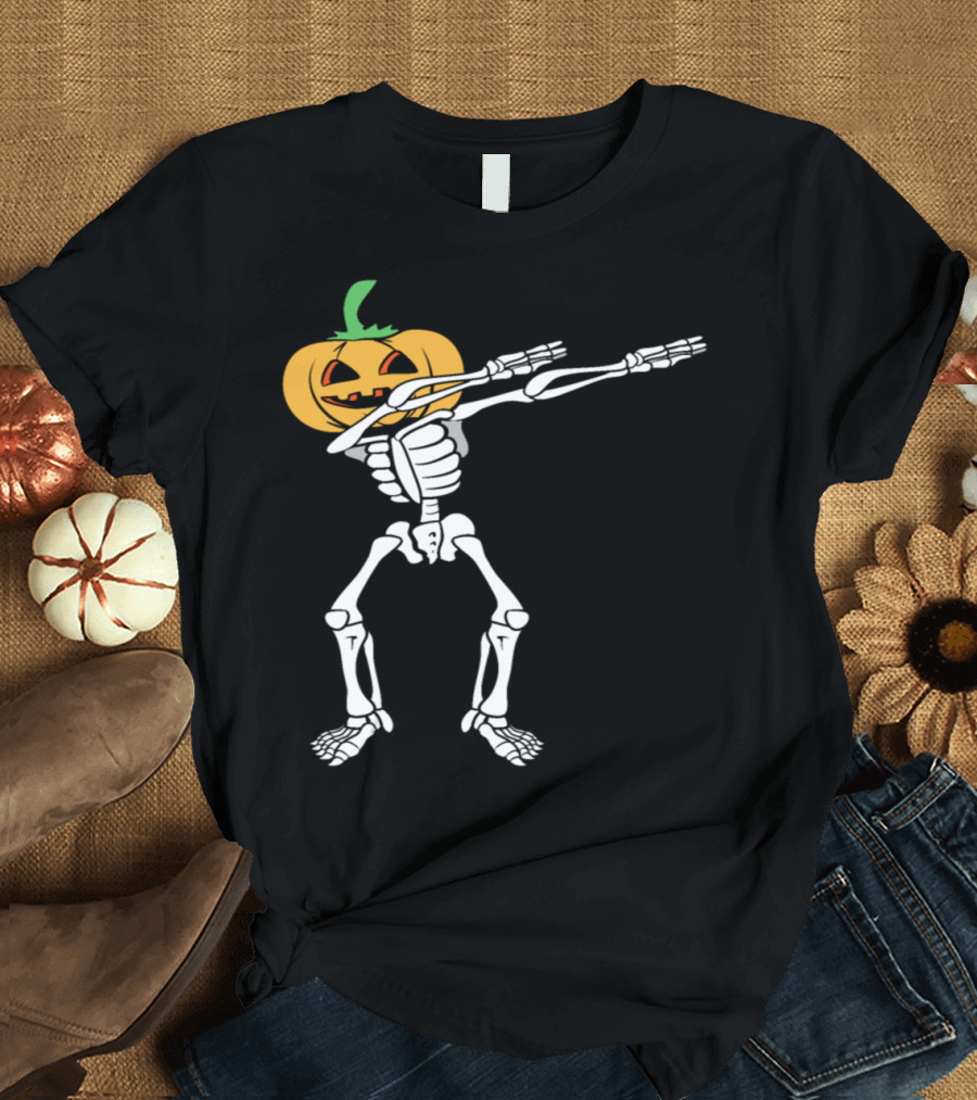 Dabbing Halloween Skeleton with Pumpkin Head T-Shirt