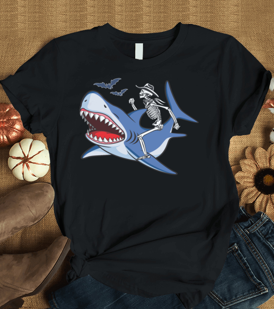 Cowboy Skeleton Riding Shark with Bats T-Shirt