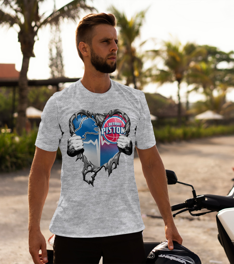 Detroit Lions And Detroit Pistons Heart Logo Fusion T-Shirt