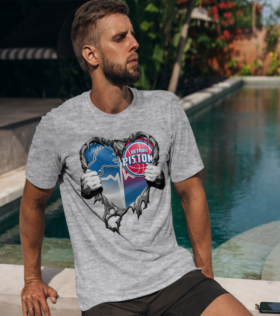 Detroit Lions And Detroit Pistons Heart Logo Fusion T-Shirt