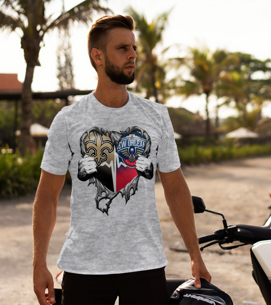 New Orleans Saints Pelicans Heart Tear T-Shirt