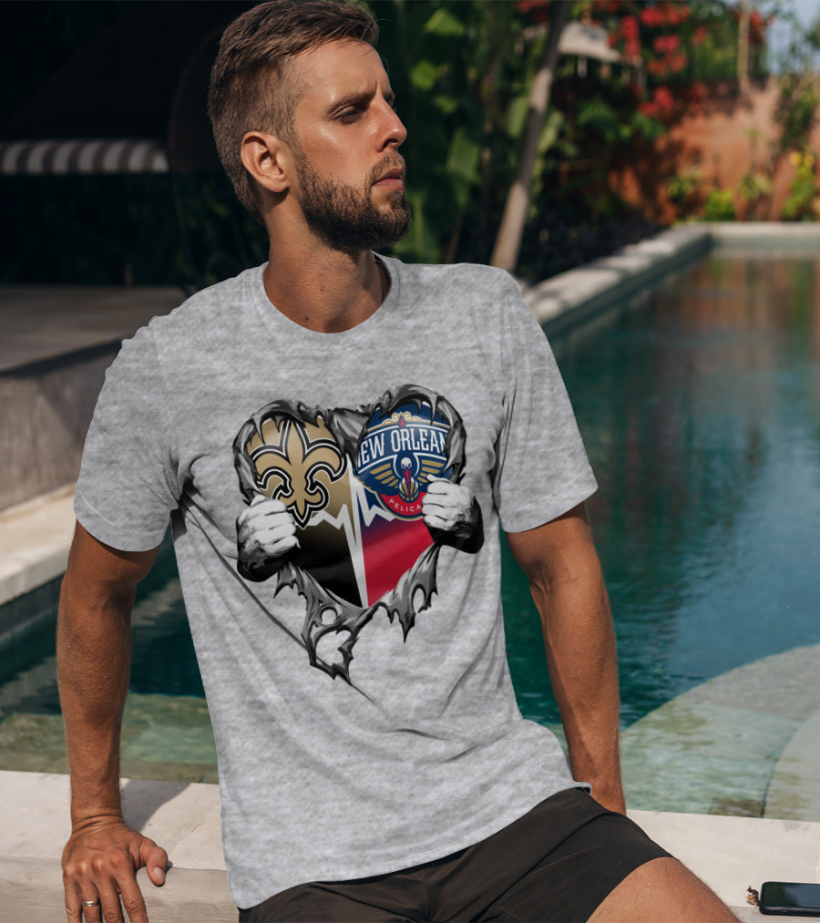 New Orleans Saints Pelicans Heart Tear T-Shirt