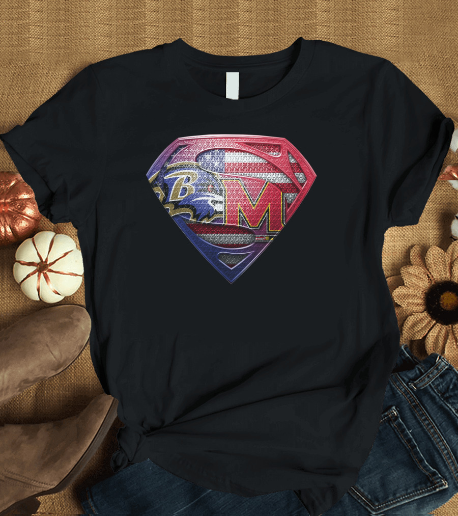 Baltimore Ravens Maryland Terrapins Superman Logo American Flag T-Shirt