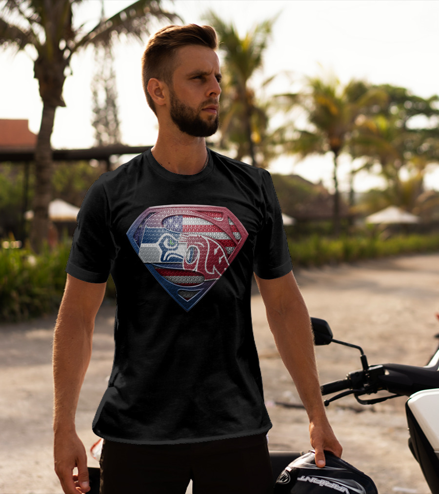 Superman Seahawks Patriots American Flag T-Shirt