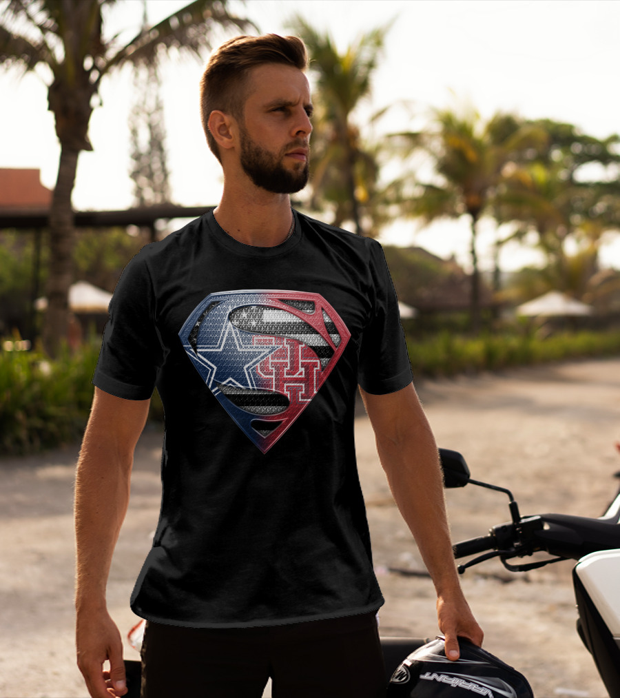 Houston Cougars Superman Shield Logo Usa Flag T-Shirt