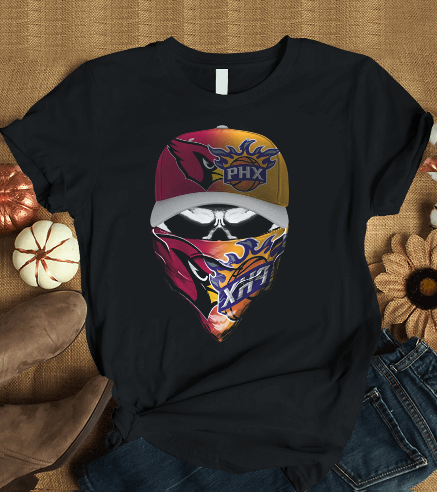 Phx Cardinals Suns Crossover Flame Skull Headwear T-Shirt
