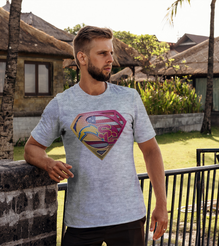 Superman Chargers Trojans American Flag Emblem On Gray T-Shirt