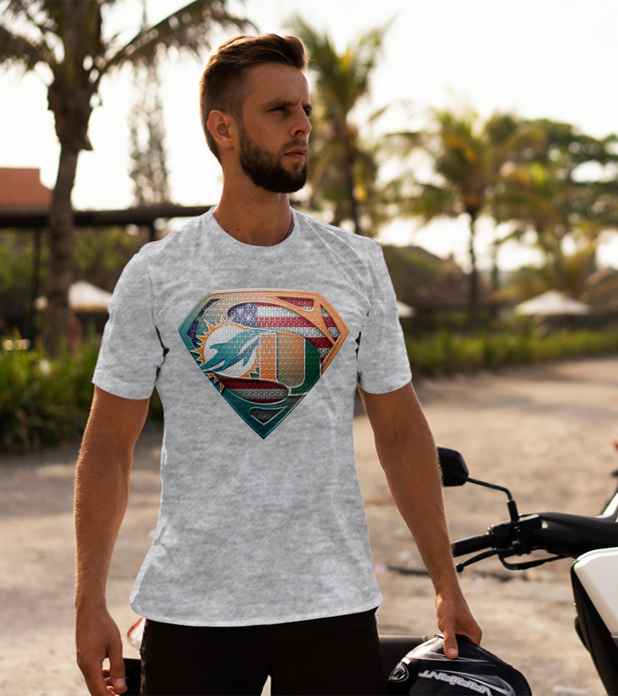 Miami Dolphins University Of Miami Superman Logo With American Flag T-Shirt