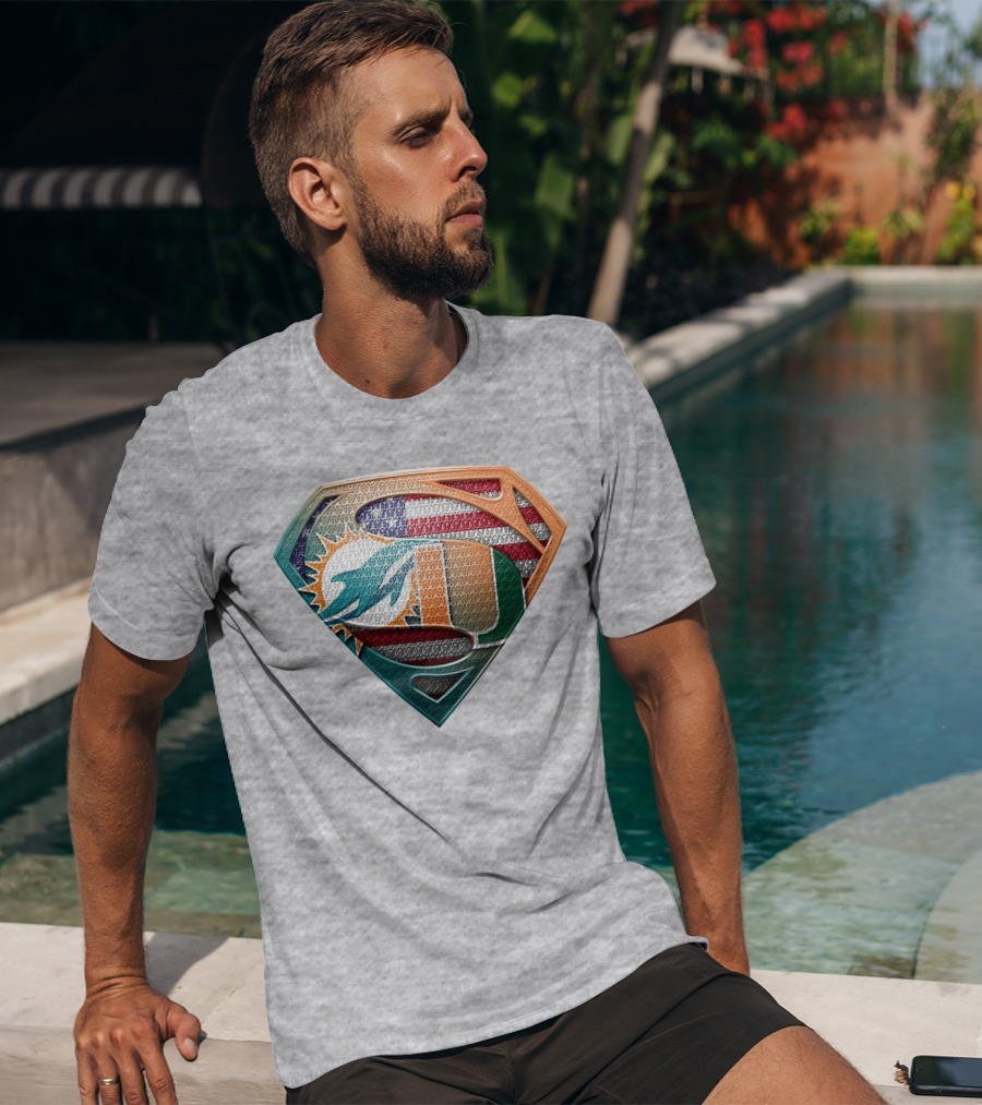 Miami Dolphins University Of Miami Superman Logo With American Flag T-Shirt