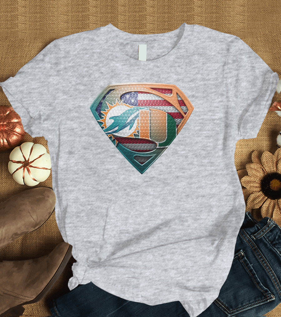 Miami Dolphins University Of Miami Superman Logo With American Flag T-Shirt
