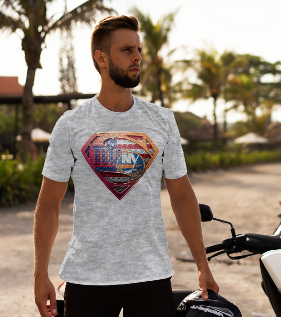 New York Giants Islanders Superman Shield American Flag T-Shirt