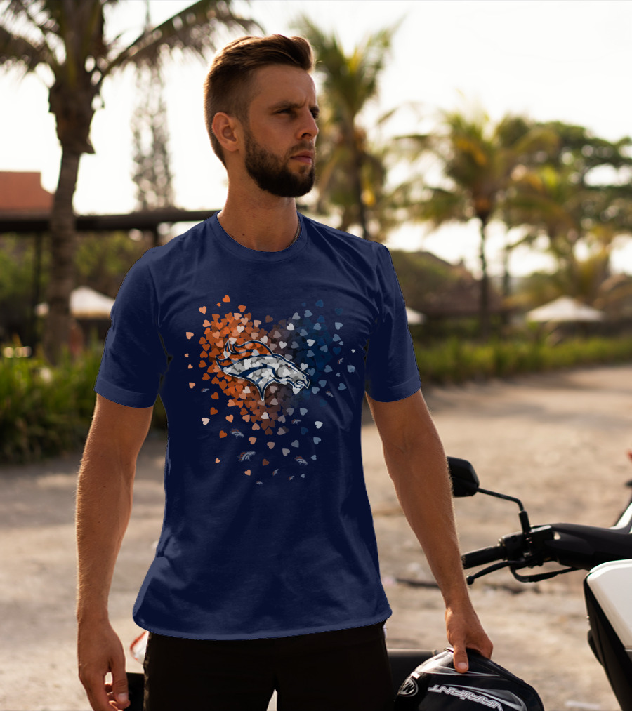 Denver Broncos Heart Logo With Orange And Blue Hearts T-Shirt