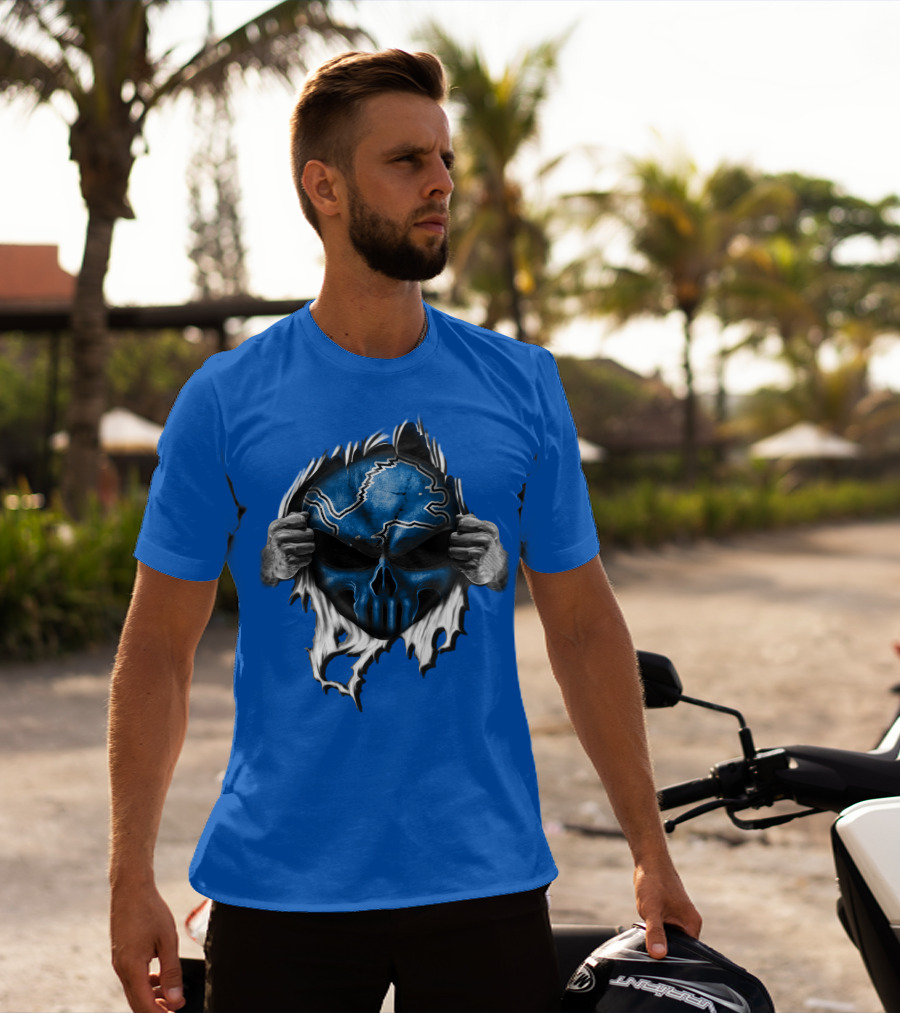 Detroit Lions Skull Design Blue Ripped Background T-Shirt