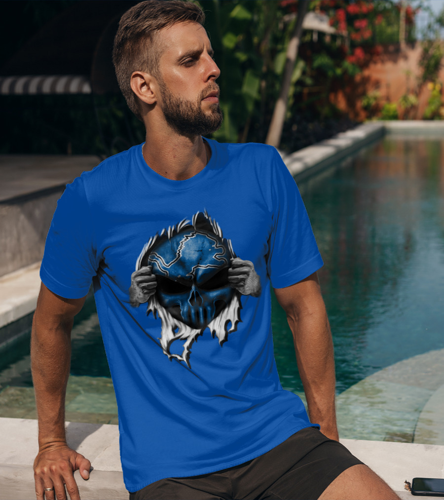 Detroit Lions Skull Design Blue Ripped Background T-Shirt
